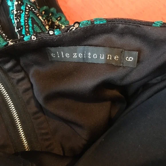 Elle Zeitoune Midi Beaded Evening Dress with Fringe Blue Green Black Gown Size 6 - Picture 5 of 6